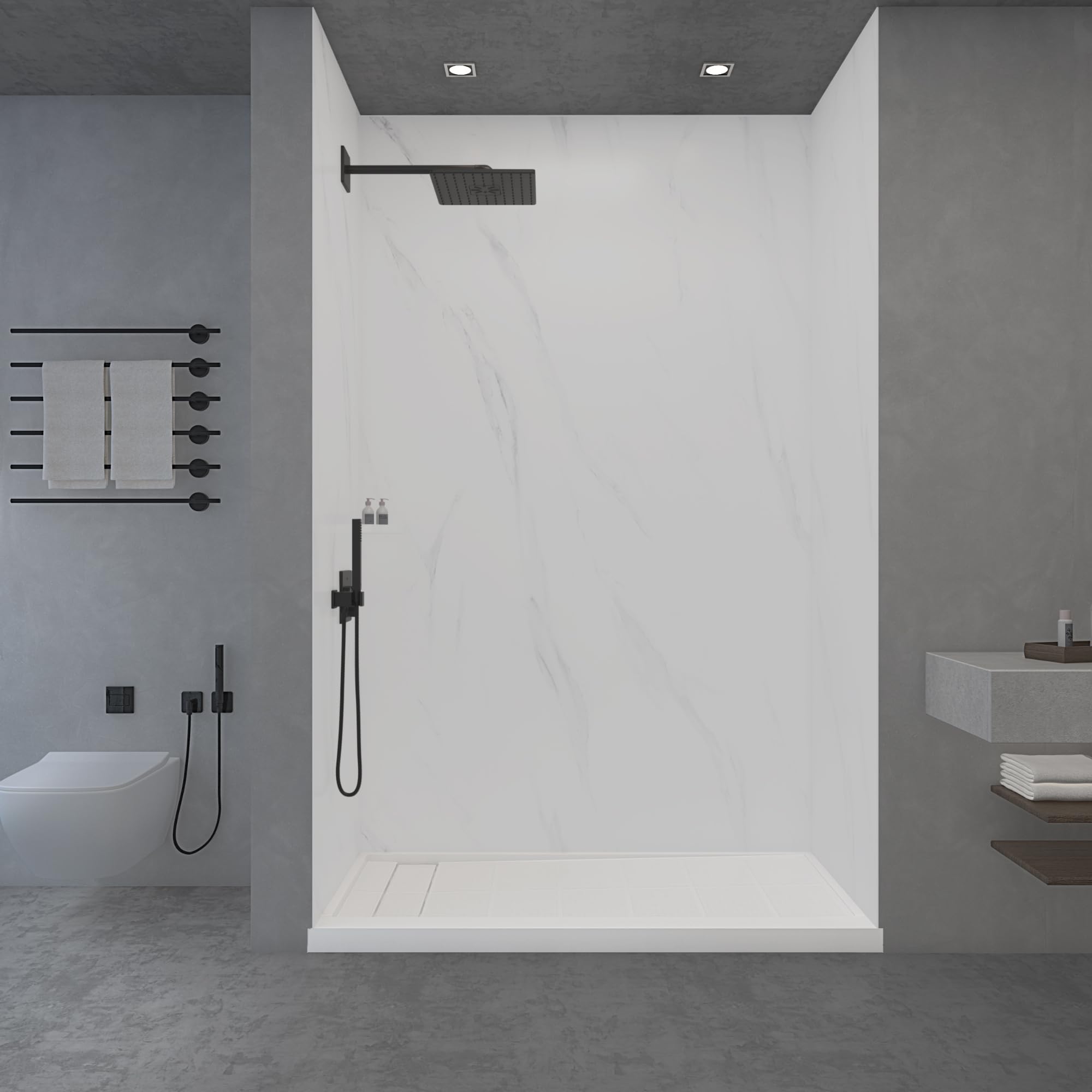 Photo 1 of WOODBRIDGE Solid Surface 36" W x 96" H 3-Piece Tile Tub and Shower Wall Panel Surround Kit in Carrara White, 3/16" (5mm) Thick, Quick Install and Trimmable