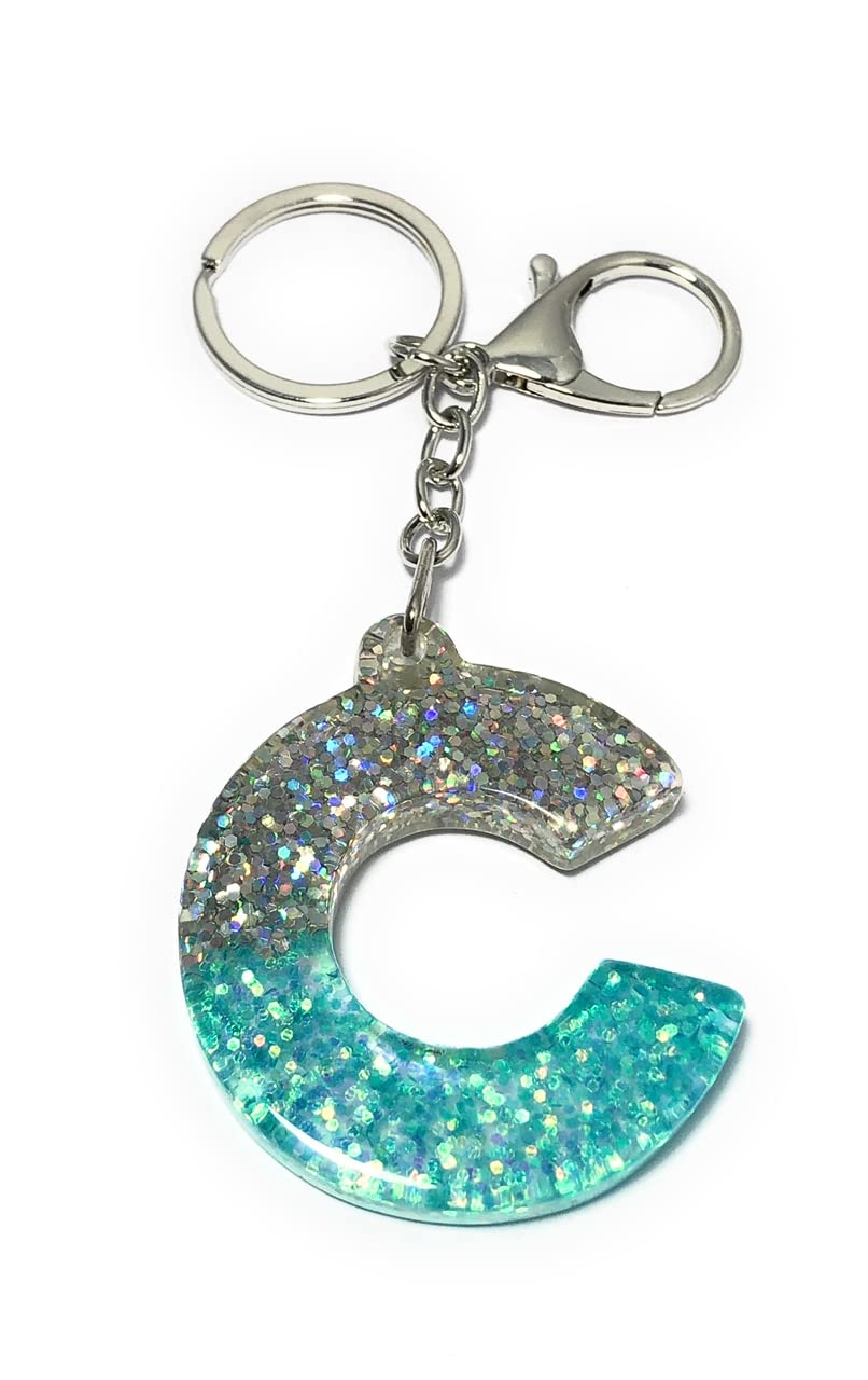 FizzyButton Gifts Initial Letter Keyring Key Ring and Lobster Clasp with Turquoise and Silver Glitter Charm (Letter C)