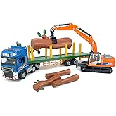 Timber Transport Truck Log Trailer with Loading Wood Grab Logging Flatbed Truck Toy Carrier Semi Tow Trucks Metal Diecast Construction Vehicles 2 in 1 Vehicle Playset Toy Trucks for Boys Kids Gifts