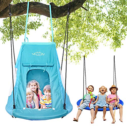 YOLEO 100cm Nestschaukel mit Zelt, Kinderschaukel Gartenschaukel, Tellerschaukel belastbar 150kg, höhenverstellbar 140…