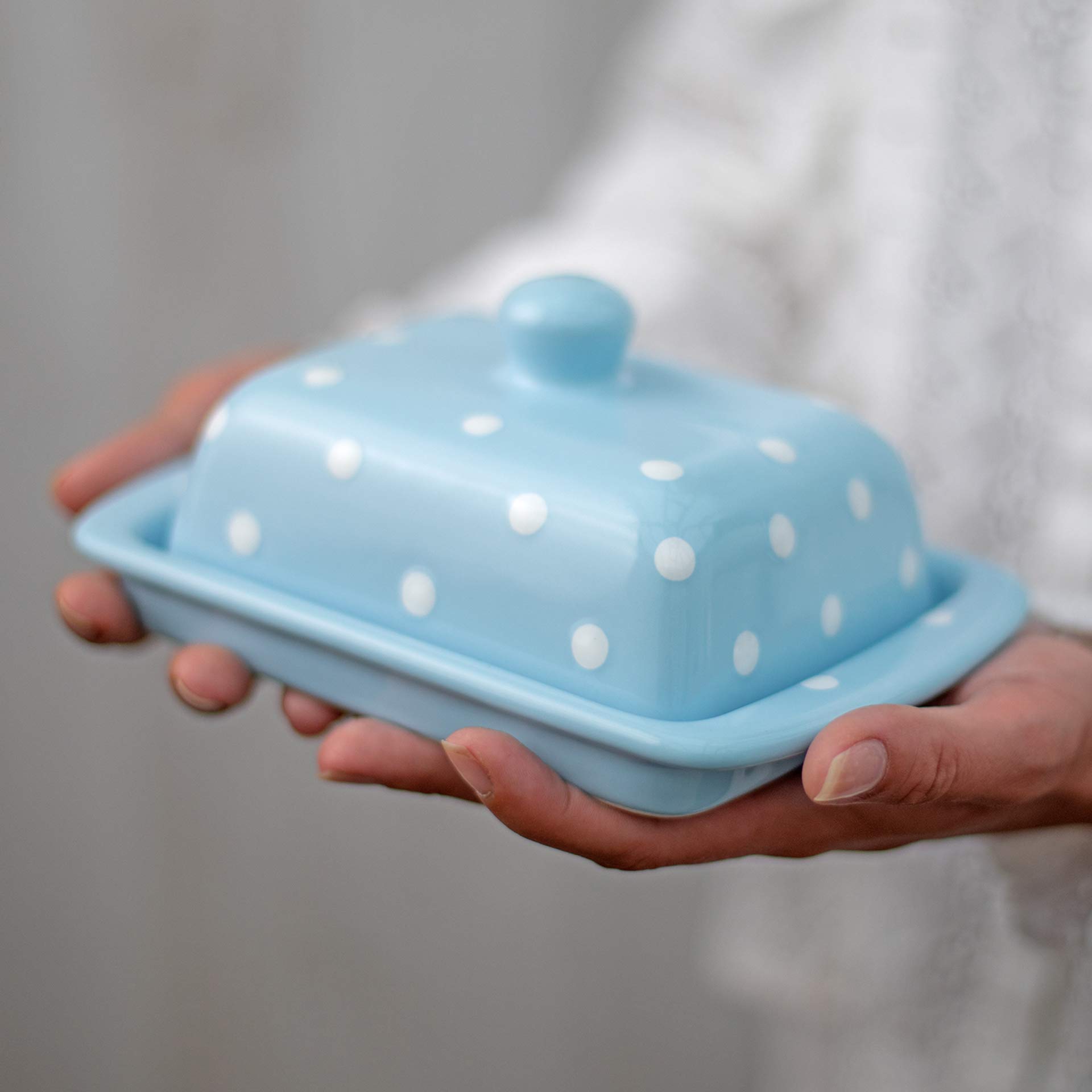 City to Cottage Large Butter Dish with Lid for Countertop, Ceramic Butter Keeper, Butter Container with Knob Handle, Butter Holder Tray with Cover, Handcrafted Sky-Baby Blue Polka Dot Butter Dish