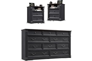 HARPAQ Bedroom Sets 3 Pieces, 2 Farmhouse Nightstands and 10 Drawer Dresser, End Table with Open Shelf and Charging Station, Wood Bedroom Furniture Set for Home, Bedroom, Hallway, Black