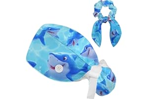 FVQL Scrub Cap, Surgical Caps for Women, Cartoon Shark Animal, Bouffant Nurse Cap Ponytail
