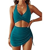 CiCiBird Women's High Waisted Bikini Set Tummy Control Mesh Swim Skirt Twist Front Two Piece Swimsuits