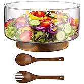 CiCixixi Large Glass Salad Bowl with Acacia Wood Base and Salad Tongs 4.54QT Glass Fruit Bowl Salad Serving Bowls for Kitchen Utensils and Party