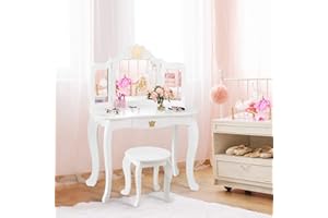 HONEY JOY Kids Vanity, Crown Themed Toddler Dressing Makeup Table and Chair Set w/Drawer & Tri-Folding Mirror, Detachable Mirror, Princess Pretend Play Girls Vanity Set with Mirror and Stool(White)