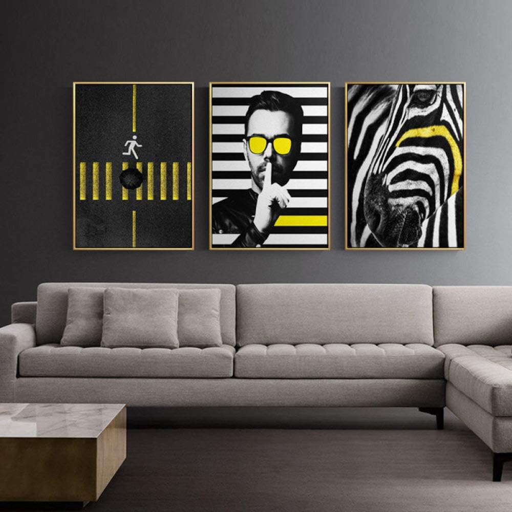 zgmtj Nordic Black and White Yellow Sunglasses Man Line Sidewalk Canvas Painting Horse Poster Wall Picture Home Living Room Decoration