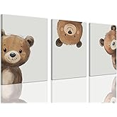 AOYUSMO 3 Piece Baby Bear Canvas Wall Art Nursery Funny Animal Wall Art Cute Bear Pictures Wall Decor Kids Baby Boy Animal Art Prints for Children's Room Bedroom 12"X16" Framed
