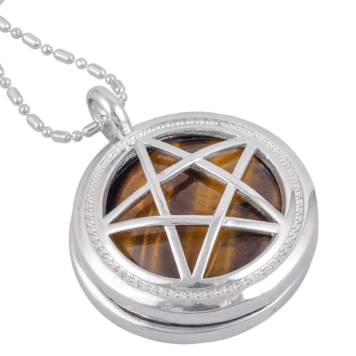 Nupuyai Tiger's Eye Crystal Stone Hollow Star Pendant Necklace for Women Men, Protection Round Stone Pendant with Chain