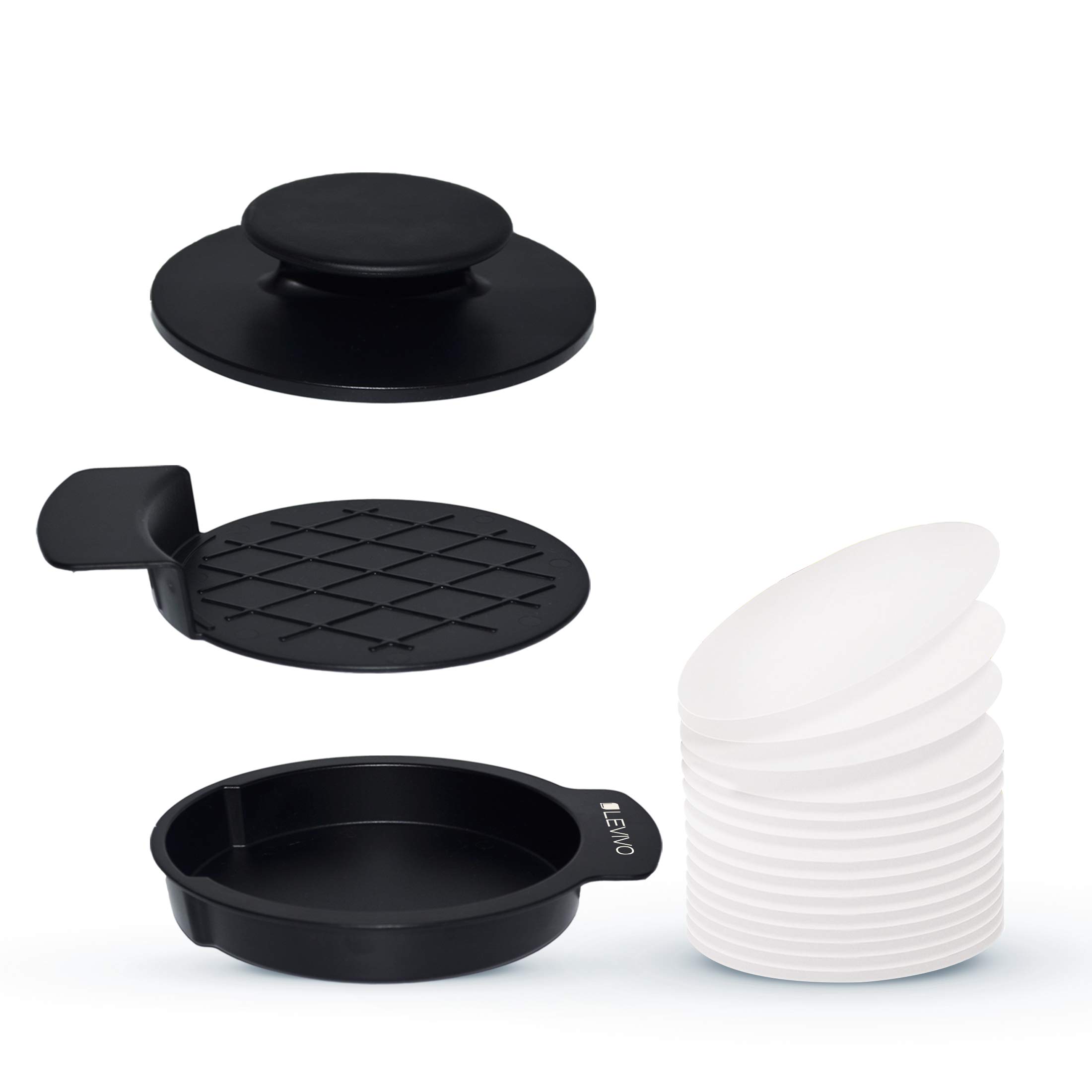 Levivo Burger Press, 3 parts: press plate, ejector plate, main mould plus 50 sheets of non-stick paper, make your own delicious burger patties, easy to clean burger press, Black