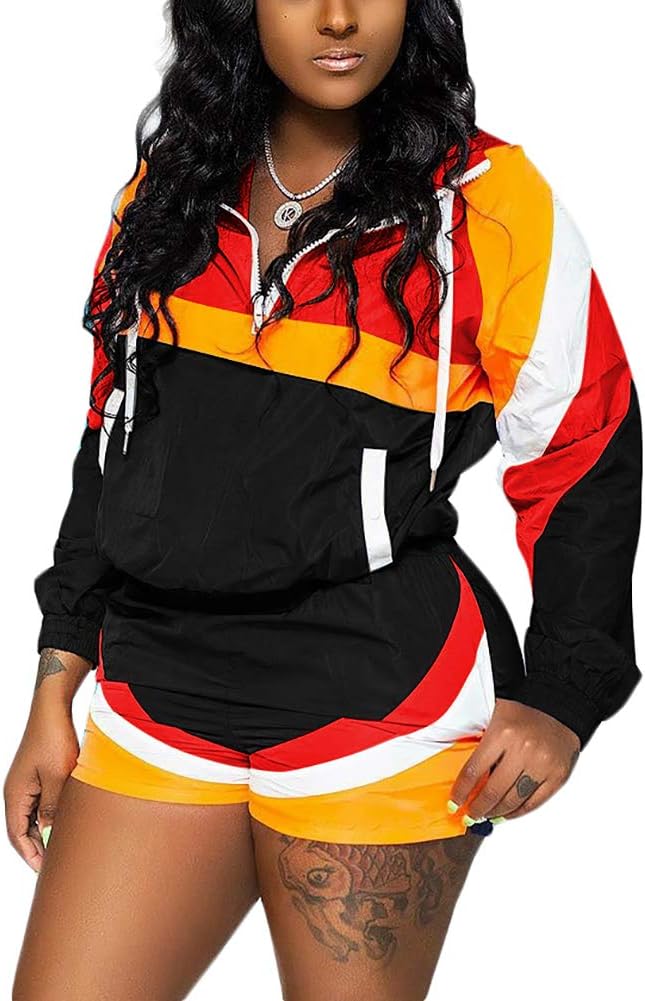 VOIKERDR Colorblock Women 2 Piece Outfits Tracksuit Jumpsuits Striped Lightweight Windbreaker Short Pants Set