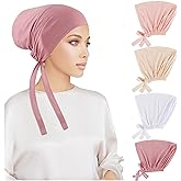 PHOGARY 4 Pcs Women Hijab Undercap, Islamic Muslim Under Hijab Cap Inner Under Scarf Hat Turban with Tie Back Closure