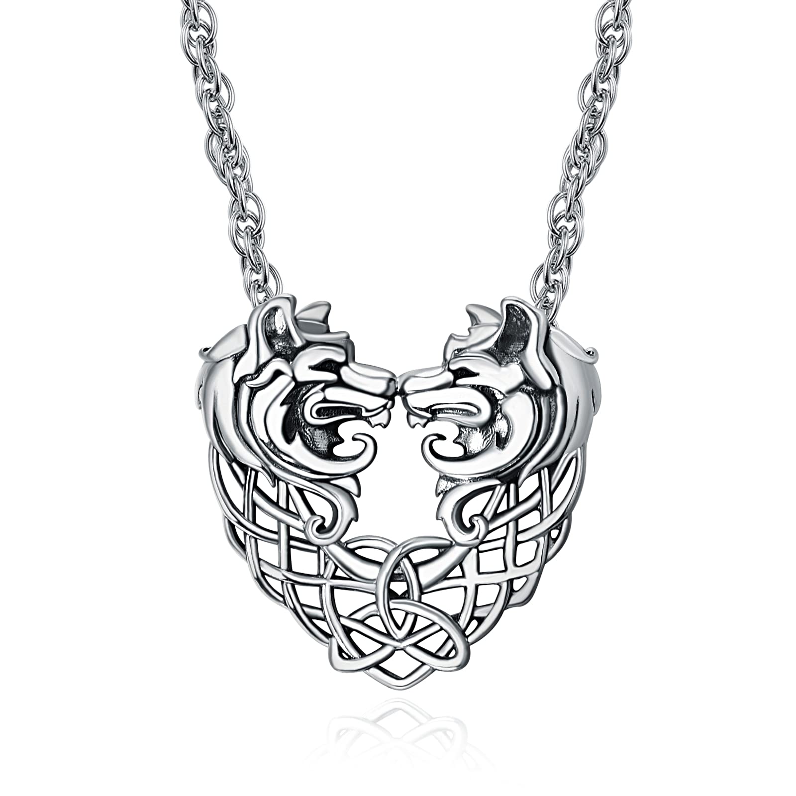 TANGPOET Wolf Necklace 925 Sterling Silver Animal Heart Pendant Necklaces Wolf Celtic Knot Necklace Jewelry for Men Women Girls