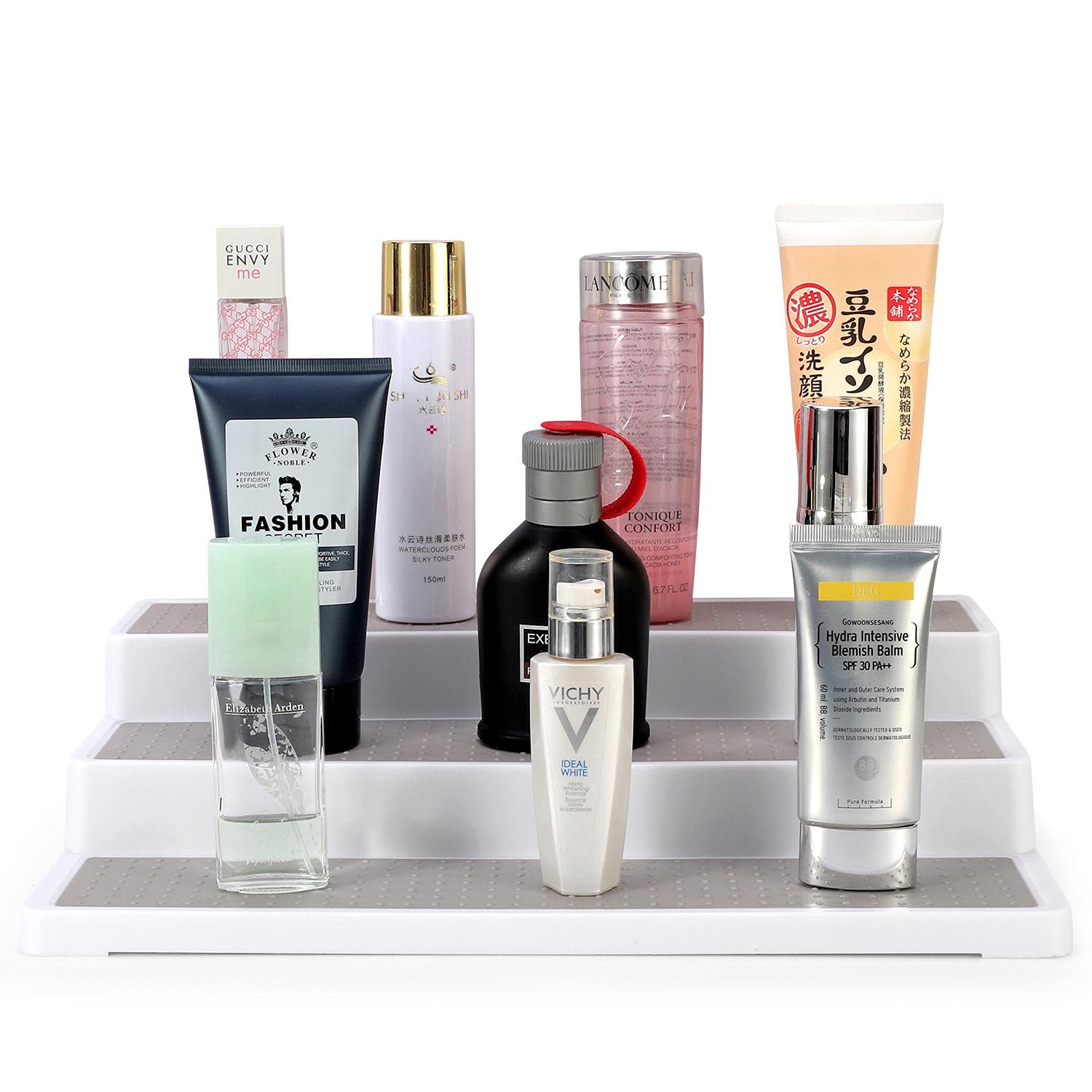 Vinsani 3-Tier Spice Rack Multifunctional Organiser Free Standing Skid-Resistant Cupboard Storage for Pantry, Kitchen Cabinets, Fridge, Makeup & Craft Accessories Holder, 37 x 24 x 8.4 cm, White/Grey