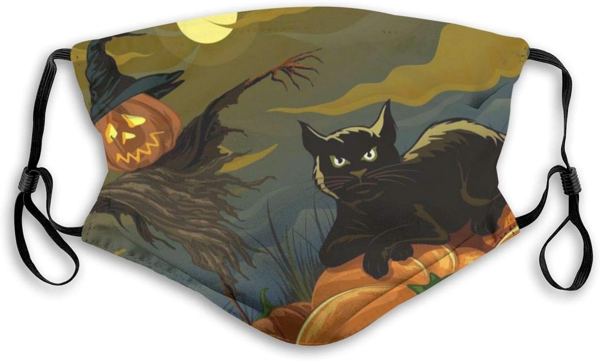 Halloween Black Cat Scarecrow Pumpkin Anti Pollution Mask for Kids Women Man Comfort Dustproof Mouth Mask with Activated Carbon Filters PM2.5 Air Filter Masks Dust Breathing Masks (2Pcs Filters)