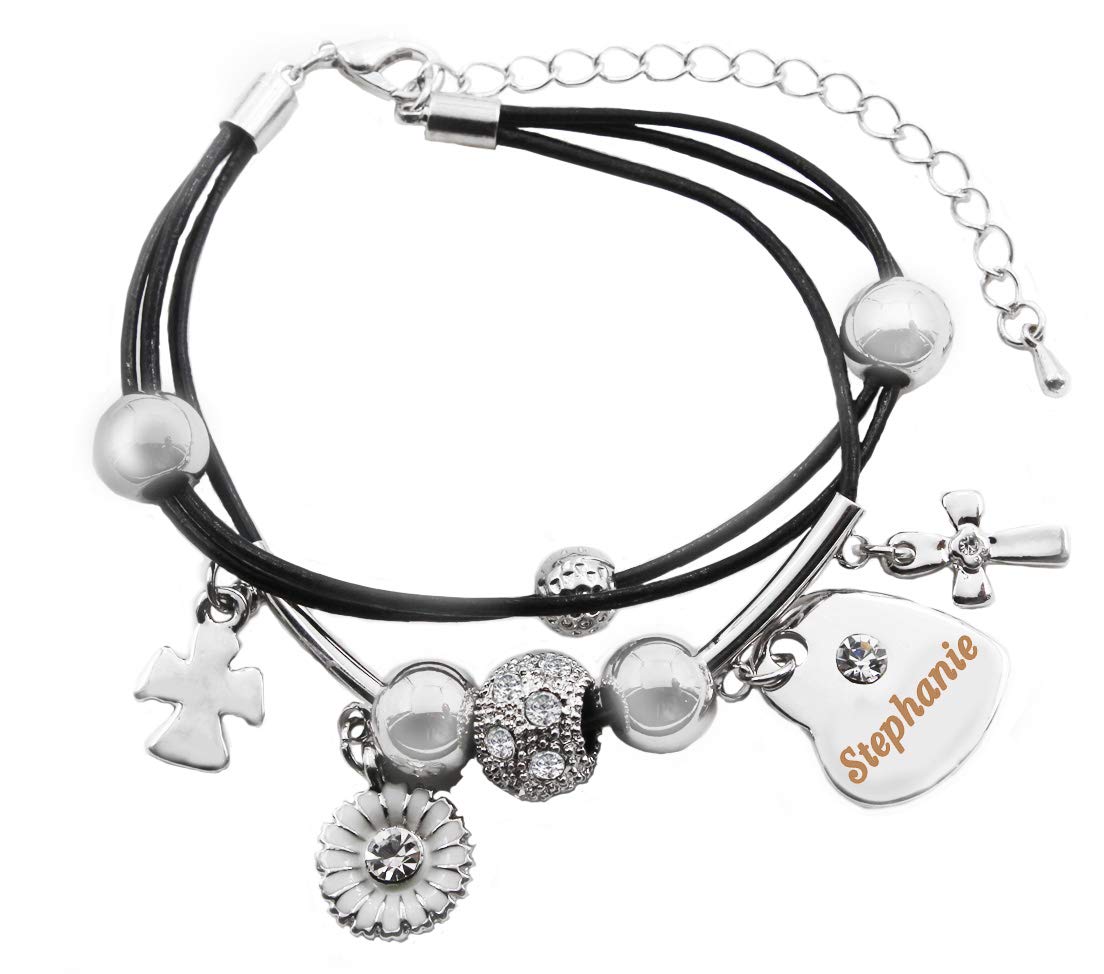 Kigu Stephanie Name Bracelet - Genuine Leather Multi Strand Bracelet & 18K White Gold Plated Engraved Heart Charm
