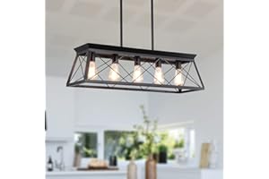 XIPUDA Farmhouse Chandeliers for Dining Room, Rustic Kitchen Island Light Fixture, 5-Light Linear Pendant Lighting Rectangular Chandelier, Metal Solid Ceiling Lights Black