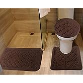 All American Collection 3PC Memory Foam Bath Mats Soft Plush Crown Design Anti-Slip Shower Bathroom Contour Toilet Lid Cover Rugs (Brown)