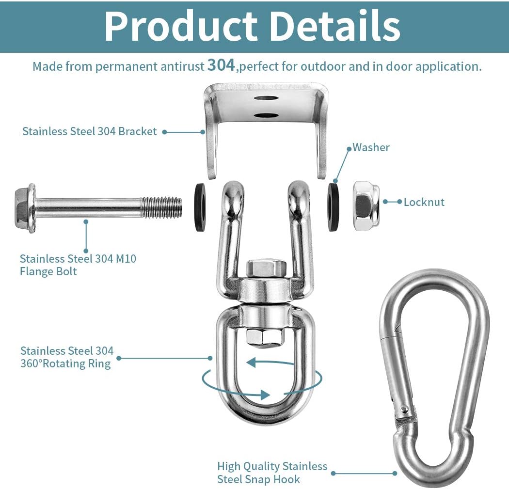 Newtion Innovative 1100 LB Capacity 2 PCS Stainless Steel 304 Heavy Duty Swing Hangers & Snap Hooks for Concrete Wooden Sets Trapeze Yoga Swingset Hammock Swing: Sports & Outdoors
