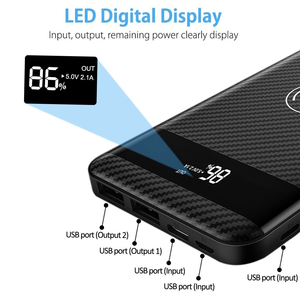 Qi Protable Wireless Charger, iBazal 10000mAh Fast Charging Power Bank with LED Digital Display External Battery Pack 2 in 1 for iPhone X, iPhone 8, 8 Plus, Samsung Galaxy S8, S8 Plus