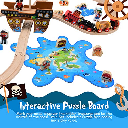 image for Pidoko Kids Pirate Theme Wooden Train Set - 72 Pcs - Includes Magnet F