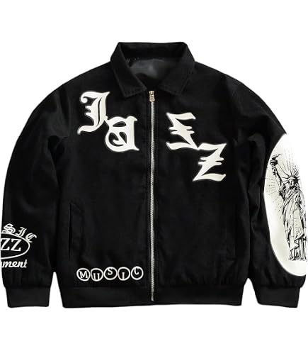 SOLY HUX Men's Corduroy Jacket Zip Up Y2k Letter Graphic Collared