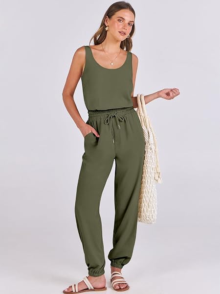 ANRABESS WOMEN SUMMER SLEEVELESS CASUAL LOOSE JUMPSUITS BACKLESS TANK JOGGER PANTS JUMPER ROMPER BEACH VACATION OUTFITS 1498JUNLV-S, SMALL, ARMY GREEN