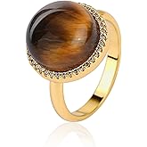 TaYolnFaSo Natural Tiger Eye/Rose Quartz Ring 18K Gold Plated Round Halo Rings Tiger's Eye/Rose Quartz Jewelry Valentine's Day Gift for Women Size 6-8.5