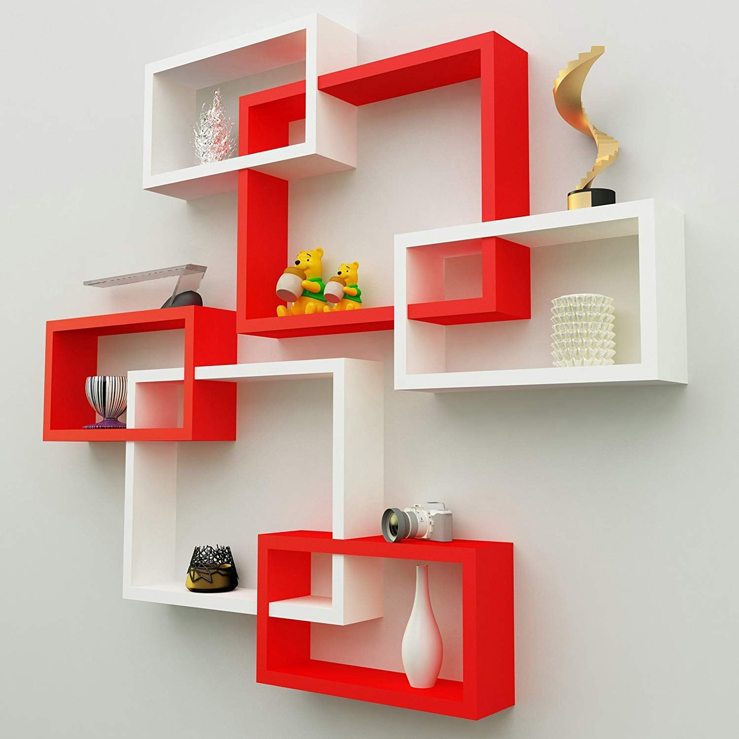 Intersecting Wooden Wall Shelves Set of 6 Red & White