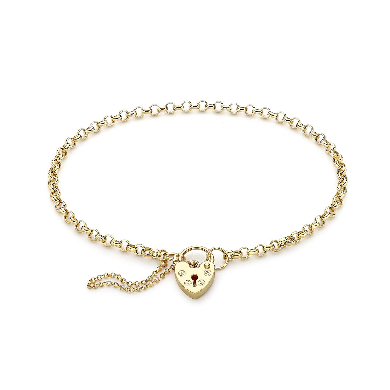 CARISSIMA Women's 9ct Yellow Gold 2.8mm Hollow Round Belcher Padlock and Safety Chain Bracelet 18cm/7"
