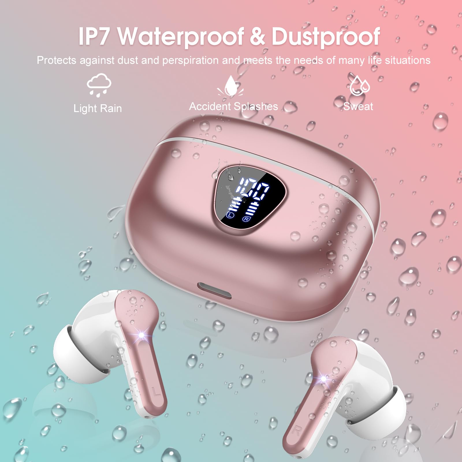 Wireless Earbuds, Bluetooth 5.4 Headphones HiFi Stereo, Bluetooth Earbuds with ENC Noise Cancelling Mic, IP7 Waterproof in Ear Earphones, 48H, LED Display Ear Buds for Pad Phones Workout, Rose Gold