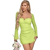 XLLAIS Women Long Puff Sleeve Mini Bodycon Split Hem Mesh Dress Party Dress