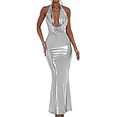 Memoriesea Women's Luxury Metallic Halter Neck Bodycon Party Evening Gown Maxi Dress