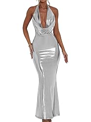Memoriesea Women's Luxury Metallic Halter Neck