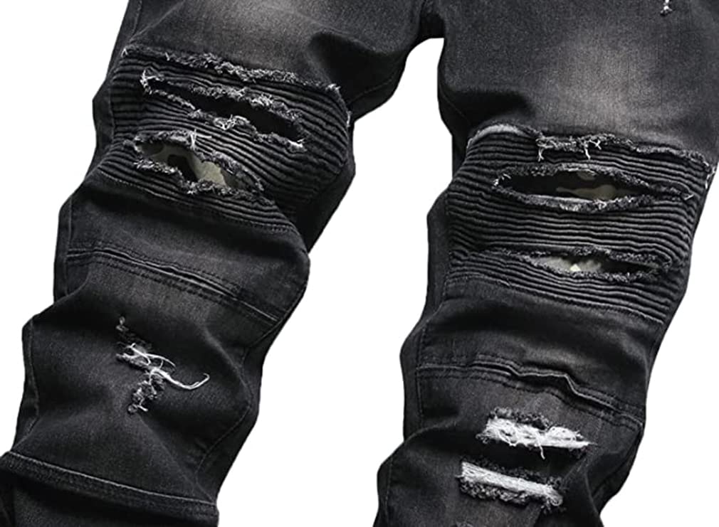 Baylvn Men's Designer Straight Slim Fit Patchwork Jeans Comfort Skinny Biker Denim Pants