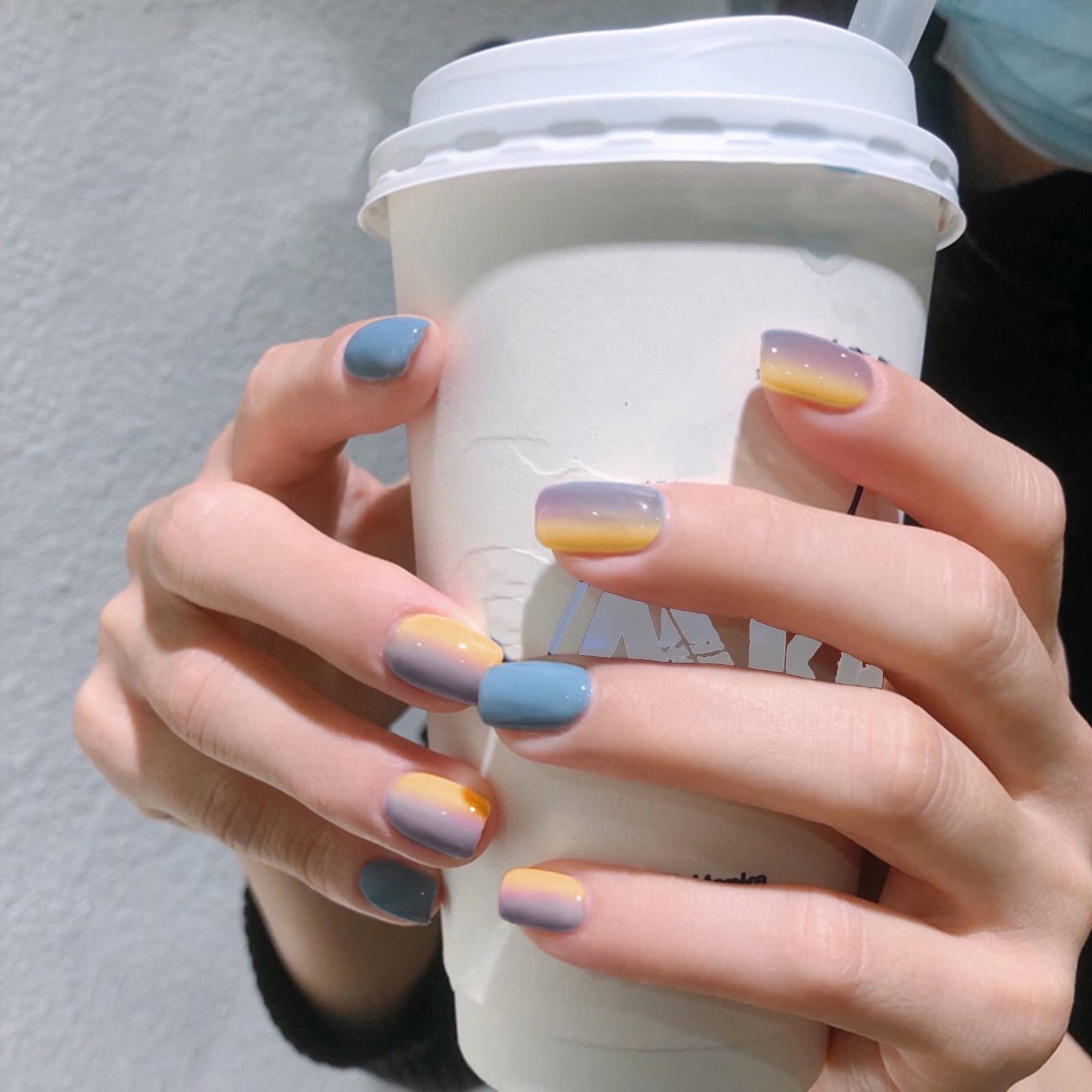 Press On Nails Long Coffin Bellarine Tapered full coverage glossy false Nails, Fake Arcylic press on nails hand manicure for women (Short-Blue Gradient)