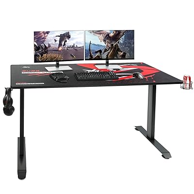AuAg 60 inch Gaming Desk, T Shaped Gaming Computer Desk with Full Mouse pad, Racing E-Sports Style Gaming &amp; Working Station with Cup Holder &amp; Headphone Hook