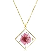 KBFORU Birth Flower Necklaces For Women - Month Flower Necklace - Handmade Pressed Flower Necklace - Unique Holiday Gift - Square Necklace Gold 18"