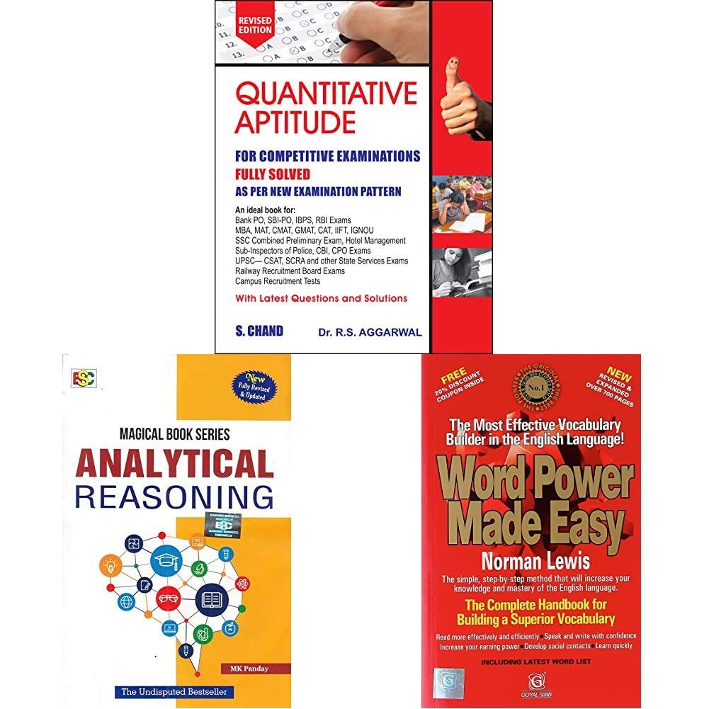 Quantitative Aptitude for Competitive Examinations by R.S. Aggarwal (2019-20 Session)+Analytical Reasoning (2018-2019) Session by MK Panday+Word Power Made Easy(Set of 3 books) Quantitative Aptitude for Competitive Examinations by R.S. Aggarwal (2019-20 Session)+Analytical Reasoning (2018-2019) Session by MK Panday+Word Power Made Easy(Set of 3 books)