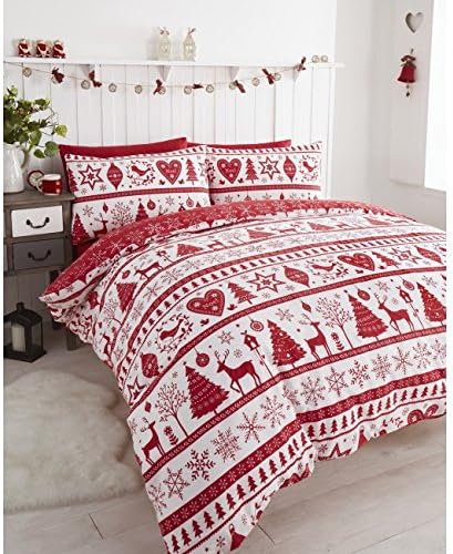 DE CAMA Noel Christmas Tree Snowflake Reversible Duvet Quilt Cover Bedding Set Red - UK Double/US Full