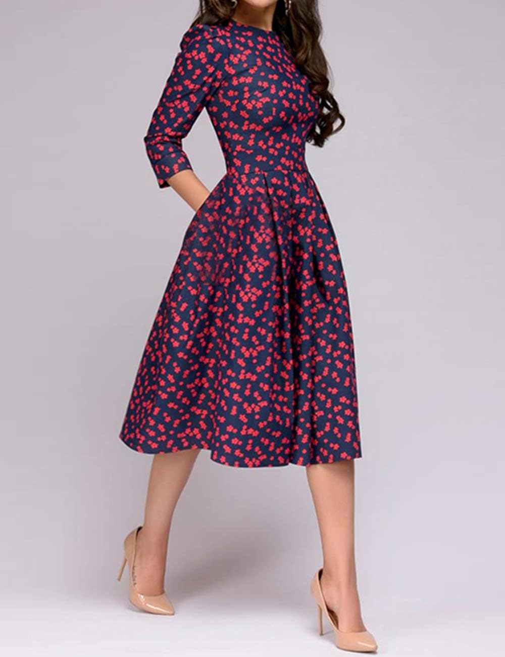 Simple Flavor Women's Floral Vintage Dress Elegant Midi Evening Dress 3/4 Sleeves: Clothing