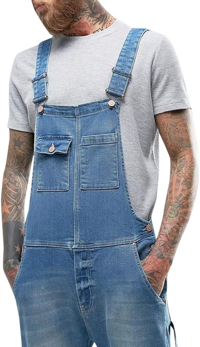 Iynnijoy Mens Vintage Denim Overalls Medium Waist Multi-Pockets Bib ...