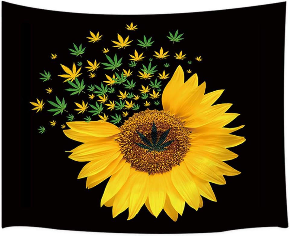 JAWO Sunflower Wall Hanging Tapestry, Marijuana Leaf Weed with Sunflower on Black Background, Throw for Bedroom Home Decor Dorm Tapestry Bedspread Tapestries Beach Towel TV Background 60x40inches