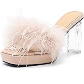 LIURUIJIA Women's Square Toe Platform Chunky Heel Slip on Sandals Feather Fuzzy Heels Mules Wedding Bridal Party Dress Shoes