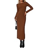 PRETTYGARDEN Womens Sweater Dress Spring 2026 Casual Boat Neck Long Sleeve Pullover Ribbed Knit Bodycon Maxi Sweater Dresses