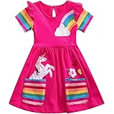 UnionKK Kids Girls Summer Casual Unicorn Dresses Cotton Short Sleeve Crew Neck Dress 2-7 Years