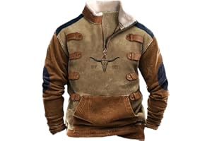 Zhyaj Western Sweatshirts for Men Aztec Retro Pullover Quarter Zip Sweatshirt Mens Stitching Color Fleece Sweatshirt