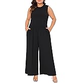 Agnes Orinda Plus Size Jumpsuit for Women Sleeveless Crew Neck Overalls Dressy Wide Leg with Pocket Rompers Summer
