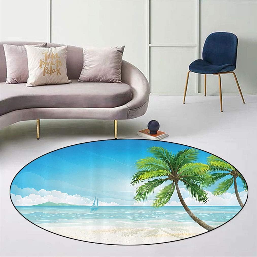 Ocean Decor Vintage Round Area Rug, Graphic of an Exotic Beach with Palm Trees in