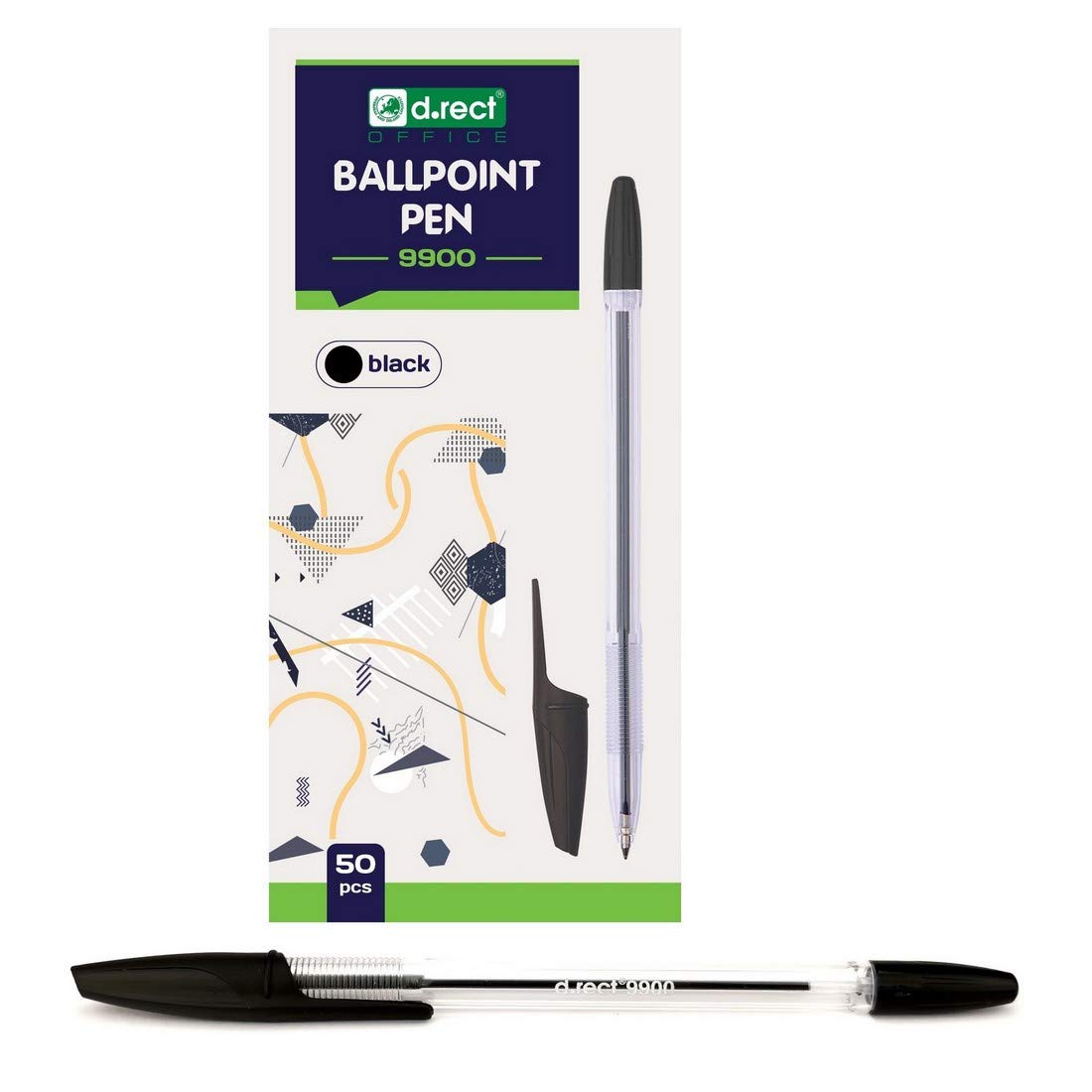 D.RECT 9900 Ballpoint Pen Pack of 50 in Black Transparent with Clip Lid Tungsten Carbide Ball 110169